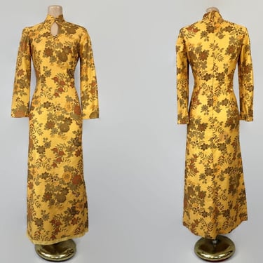 TLC SALE- Vintage 70s Floral Cheongsam Maxi Dress | 1970s Keyhole Hostess Dress | As-Is Wounded Sale | VFG 
