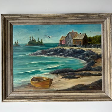 1960's Vintage Gini Impressionist Abstract Nautical Beach House Landscape Oil Painting 