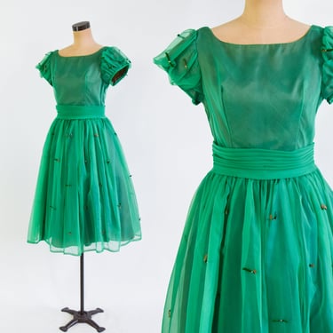 1950s Kelly Green Party Dress | 50s Green Full Skirt Bow Dress | Small 