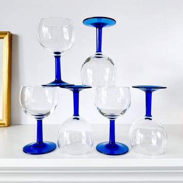 Set of 6 Vintage Luminarc Blue Stem Wine Glasses – 5” Neptune Cobalt – 80s Barware, Wedding Gift, Housewarming Gift 