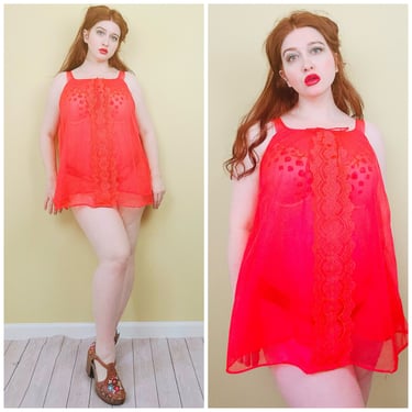 1970s Vintage Red Nylon Babydoll/ 70s Salmon Lace Sheer Nighty Mini Nightgown / Tag Size Small 