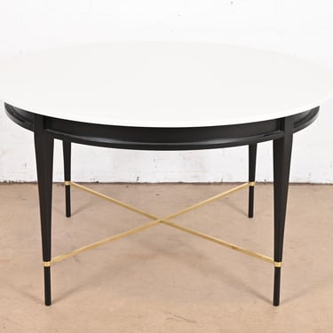 Paul McCobb Irwin Collection Black Lacquer and Brass Round Dining Table or Game Table, Newly Refinished