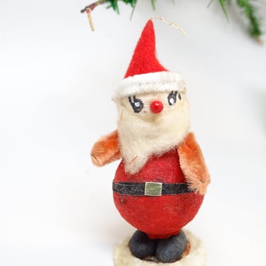 Vintage Spun Cotton Santa Christmas Ornament, Cotton Beard, Berry Nose, Faux Feather Tree, Retro Decor 