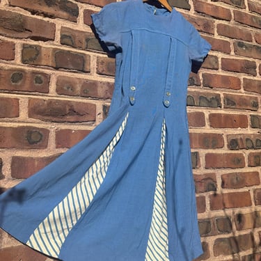 Vintage 1940s Sky Blue Linen Striped Pleating Day Dress XS Short Sleeve As Is by TimeBa