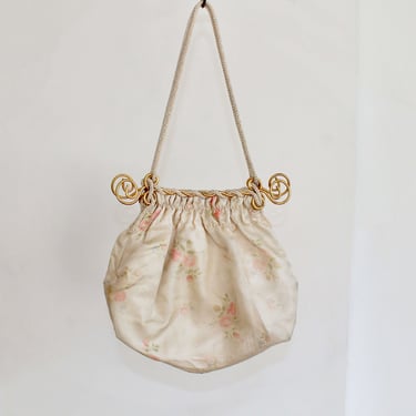 Antique Wedding Purse / 1910s-20s Cream Satin Handbag with Surrealist Brass Handles 