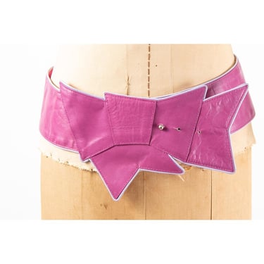 Vintage wide leather trompe l'oeil bow belt / 1980s radiant orchid purple hip belt / S 