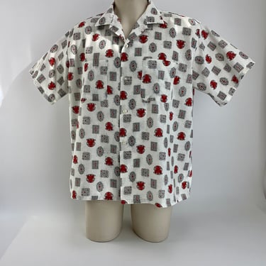 1950's Cotton Shirt -  BRODNAX Label - Cool Fifties Pattern - White with Red & Black Detail - Loop Collar - Men's Size Large - As Is 