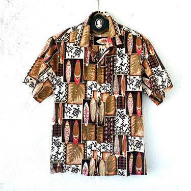 Vintage Hawaiian Surfboard Aloha Shirt 90s Surf Patchwork Hawaii Collared Top 