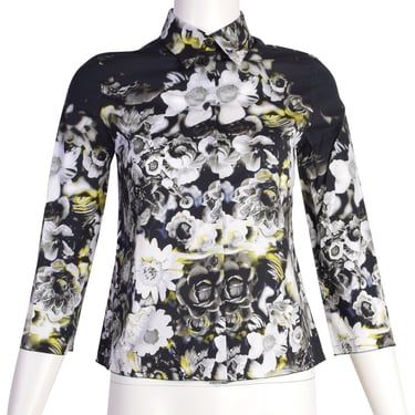 Prada SS 2010 Black White Yellow Floral Print Button Up Shirt