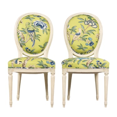 Antique French Louis XVI Style Painted Side Chairs in Green Chinoiseries Fabric - A Pair 