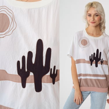 90s Cactus Shirt Southwest Saguaro Blouse Vintage Slouchy Color Block Retro Tee Desert Graphic Print 1990s Southwestern White Brown Small 