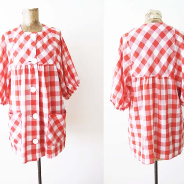 Vintage 70s Red Gingham Plaid Blouse M L - 1970s Wide Balloon Sleeve Button Up Tunic Top 