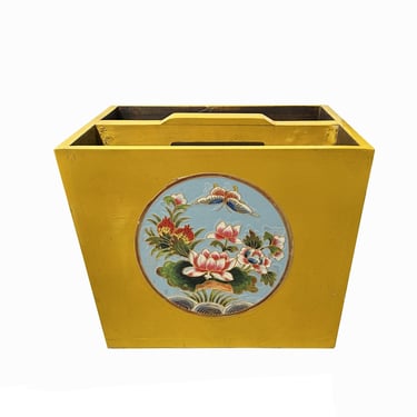 Chinese Wood Square Distressed Yellow Lotus Graphic Handle Bucket ws3509E 