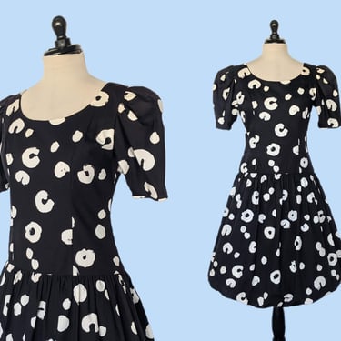 Vintage 80s Neiman Marcus Bubble Hem Dress, 1980s Black and White Abstract Print Party Dress 