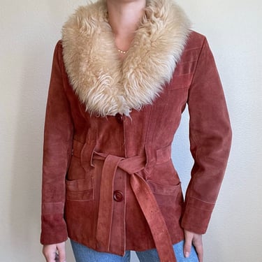 Vintage 1970s Womens Winlet Penny Lane Faux Fur Collar Brown Suede Jacket Sz M 
