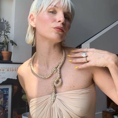 VTG Y2K Sky Cream Gold Snake Necklace Dress 