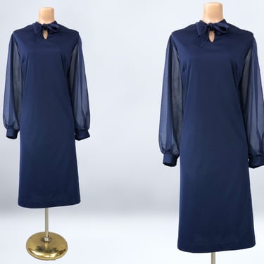 VINTAGE 70s Navy Blue Sheer Bishop Sleeve Keyhole Dress Plus Size 1X 2X | 1970s Long Sleeve Tie Neck Dress Volup | VFG 