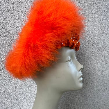 Vintage brilliant orange wool halo hat boa fur trim floral with rhinestones Sz 21.5” or 6 7/8 Small by Deborah Fashions. 