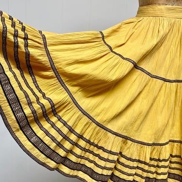 Vintage 1950s Southwestern Patio Skirt, Mustard Cotton Crepe Circle Skirt with Black/Gold Metallic Trim, Rockabilly Style, Small, VFG 