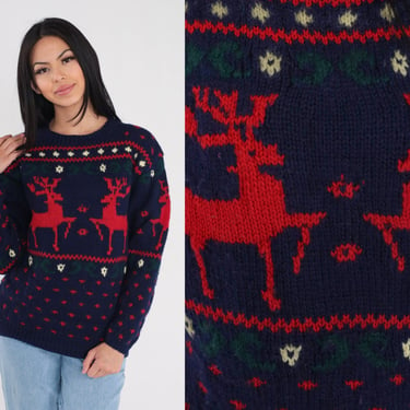 Reindeer Sweater 90s Wool Knit Pullover Sweater Navy Blue Winter Holiday Deer Print Ski Pullover Crewneck Jumper Red Vintage 1990s Medium M 