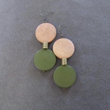 Mid century bold wooden earrings, olive green 