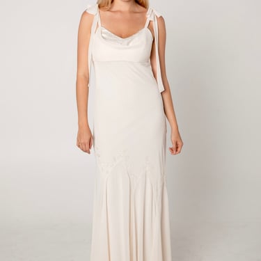 Ivory Chiffon Cowl Neck Beaded Gown