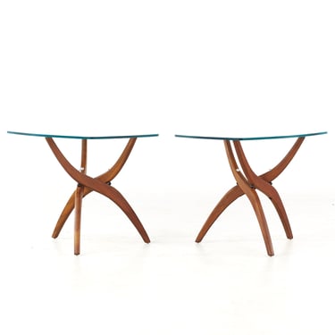Forest Wilson Mid Century Sculpted Walnut and Glass Side Tables - Pair - mcm 