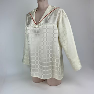 1940's 50's Sailor Blouse - Shinny Satin Checkered Fabric in Creamy White - Red Cording along the Collar  - Women's Size Medium 