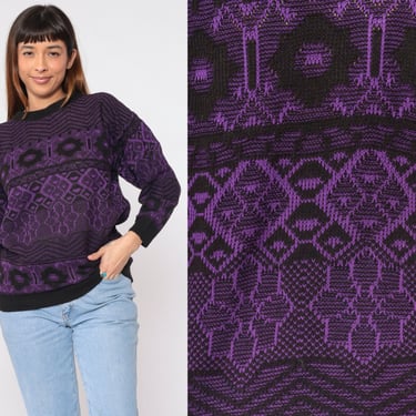 80s Geometric Floral Sweater Purple Black Slouchy Sweater Abstract Zig Zag 1980s Crewneck Pullover Vintage Jacquard Knit Sweater Medium 