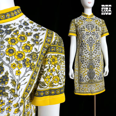 AMAZING Vintage 60s 70s Yellow White Floral Border Print Statement Dress 