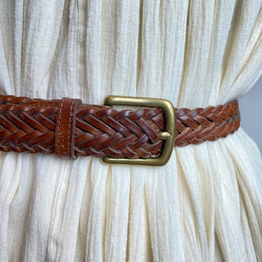 Vintage Braided woven belt thick leather long skinny boho hippie LL bean medium brown~ 90’s unisex androgynous trouser belt open size 38 XL 