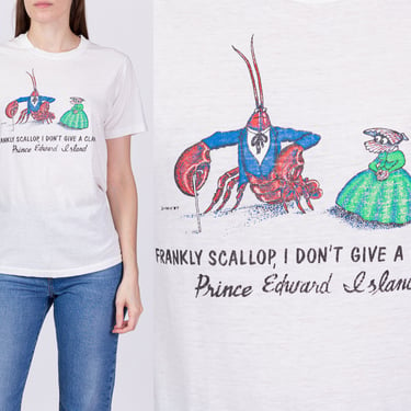 80s "Frankly Scallop, I Don't Give A Clam!" Funny Tourist Tee - Unisex Small | Vintage Prince Edward Island Animal Graphic T Shirt 