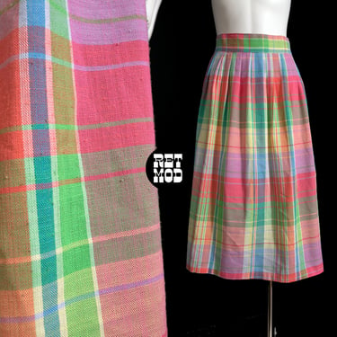 Lovely Vintage 70s 80s Candy-Colored Plaid Mid-Length Skirt 