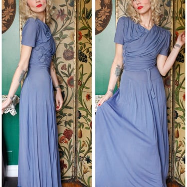 1930s Gown // Periwinkle Draped Jersey Gown // vintage 30s gown 