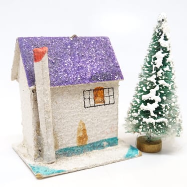 Antique 1940's Christmas Putz House Ornament with Sisal Tree, Vintage Glittered Cardboard 