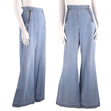 70s double zipper bell bottom jeans 32, vintage 1970s ultra high rise denim flares, vintage bells pants size L 12 