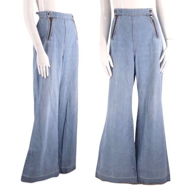 70s Chemin De Fer denim bell bottoms jeans sz 2, vintage 1970s high rise  bells, 70s stitched flares pants sz XS 2-4