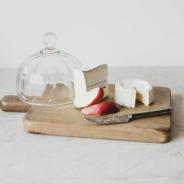 Vintage French Bread Board with Silver Cheese Knife and Glass Cloche