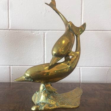 Large Vintage 1970s Mid Century Modern Brass Statue of Pair of Swimming Dolphin 