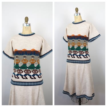Vintage 1970s knit set skirt and top matching set 2 piece set intarsia boho hippie scenic sweater dress 