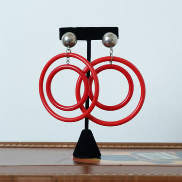 vintage 1960s giant mod hoops • red & silver oversized statement go-go hoop earrings 