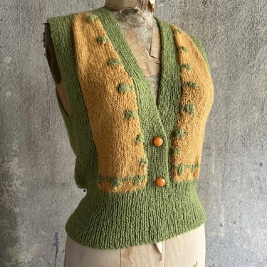 Vintage 1930s Chartreuse Green & Yellow Wool Knit Sweater Pull Over Vest