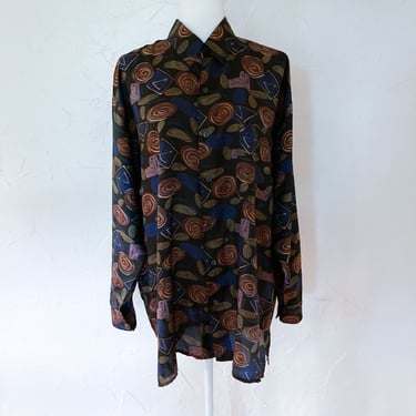 90s Black Blue Green Purple Abstract Patterned Silk Shirt | Plus Size 1X 2X 