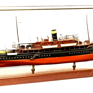 Model Ship, Large Glazed Case, U.S. Steam Yacht, Inlaid Border, 50.5 W, Vintage