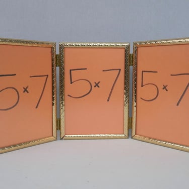 Vintage Tri-Fold Hinged Picture Frame - Triple Gold Tone Metal Frame w/ non-glare Glass - Holds Three 5