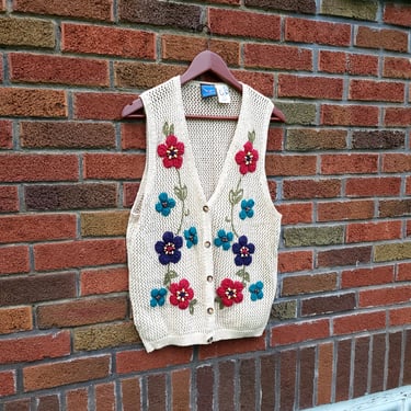 Vintage 1990's Mesh Knit Floral Embroidered Button Sweater Vest / Large 