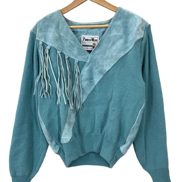 Vintage 80's Pioneer Wear Blue Western Sweater W/ Leather Fringe Women’s M/L