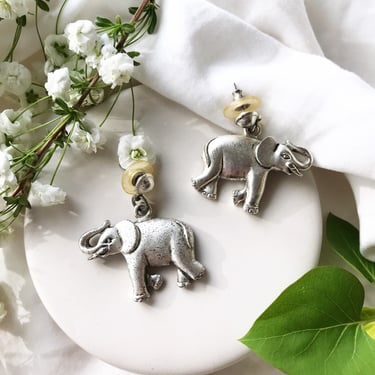 Vintage Elephant Silver Earrings / Animal Novelty Hanging Stud Earrings - Safari Jewelry Summer Boho 