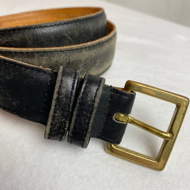 90’s black leather Coach belt~ slim skinny trouser belt Semi distressed weathered style worn in~ solid brass buckle sleek unisex size 36” 