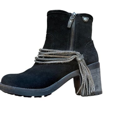 Bos & Co Black Suede Fringe Ankle Bootie Boots Western Block Heel Sz 36 